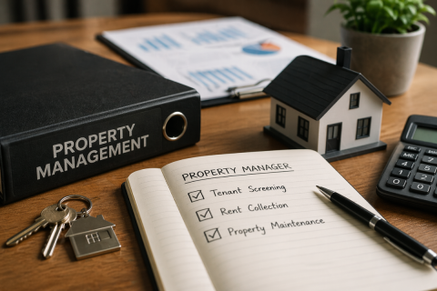 Property management binder, house model, and checklist representing HOA rental rules and rental approval research